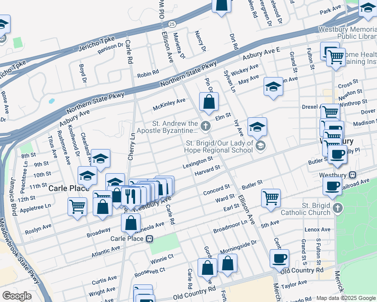 map of restaurants, bars, coffee shops, grocery stores, and more near 126 Longwood Avenue in Westbury