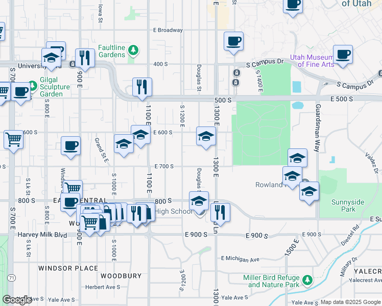 map of restaurants, bars, coffee shops, grocery stores, and more near 647 South 1200 East in Salt Lake City