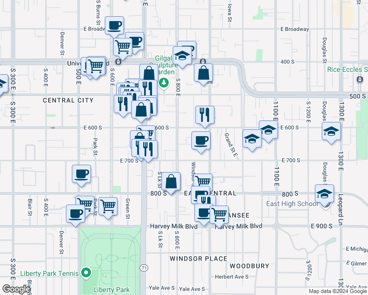 map of restaurants, bars, coffee shops, grocery stores, and more near 832 East Sego Avenue in Salt Lake City