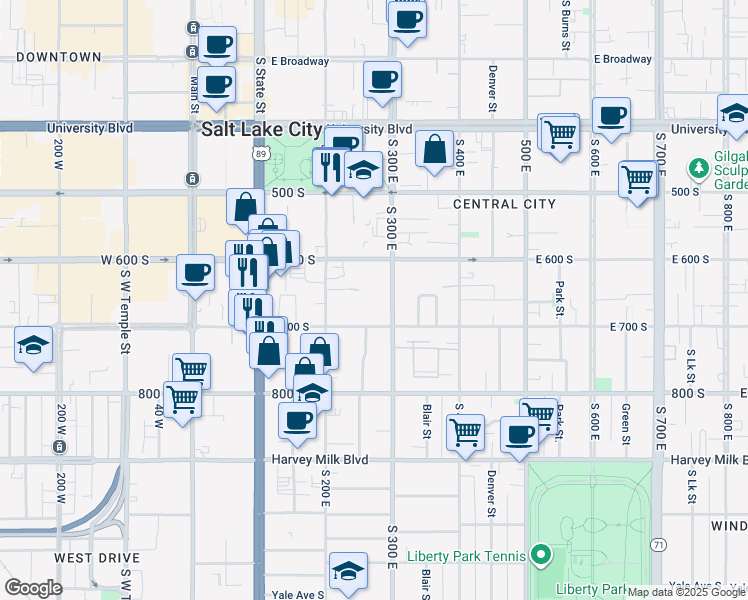 map of restaurants, bars, coffee shops, grocery stores, and more near 660 South 300 East in Salt Lake City