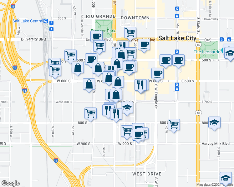 map of restaurants, bars, coffee shops, grocery stores, and more near 644 South 300 West in Salt Lake City