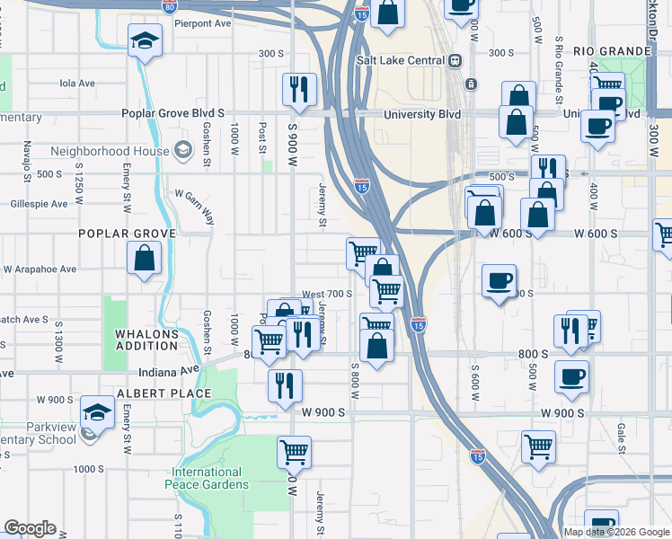 map of restaurants, bars, coffee shops, grocery stores, and more near 825 West Arapahoe Avenue in Salt Lake City