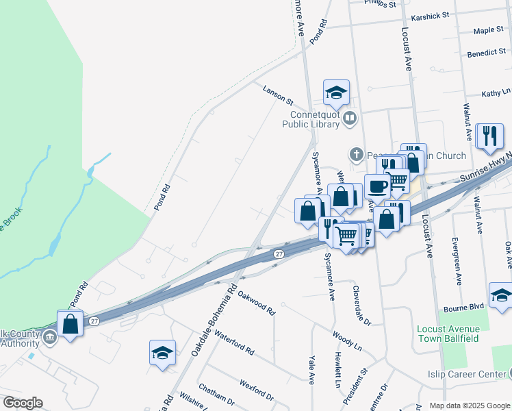 map of restaurants, bars, coffee shops, grocery stores, and more near 168 Oakdale-Bohemia Road in Bohemia