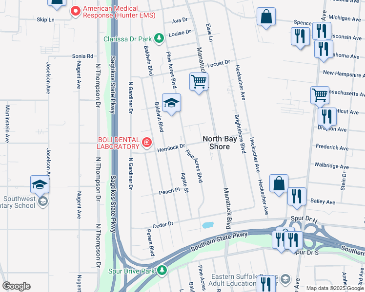 map of restaurants, bars, coffee shops, grocery stores, and more near 1547 Pine Acres Boulevard in Bay Shore