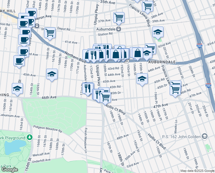 map of restaurants, bars, coffee shops, grocery stores, and more near 189-11 45th Road in Queens