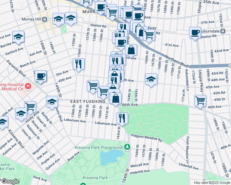 map of restaurants, bars, coffee shops, grocery stores, and more near 45-49 162nd Street in Queens