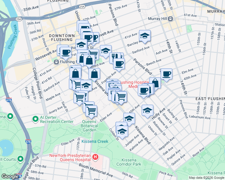 map of restaurants, bars, coffee shops, grocery stores, and more near 140-22 Beech Avenue in Queens