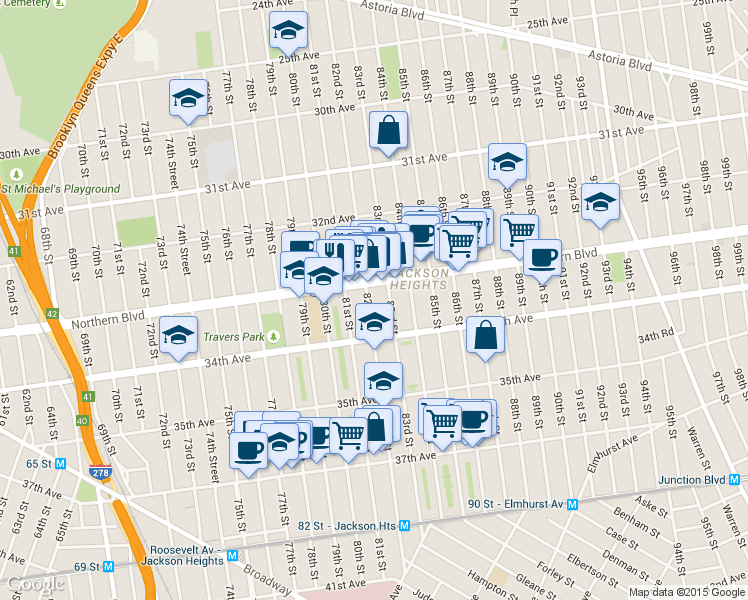 map of restaurants, bars, coffee shops, grocery stores, and more near 33-16 82nd Street in Queens