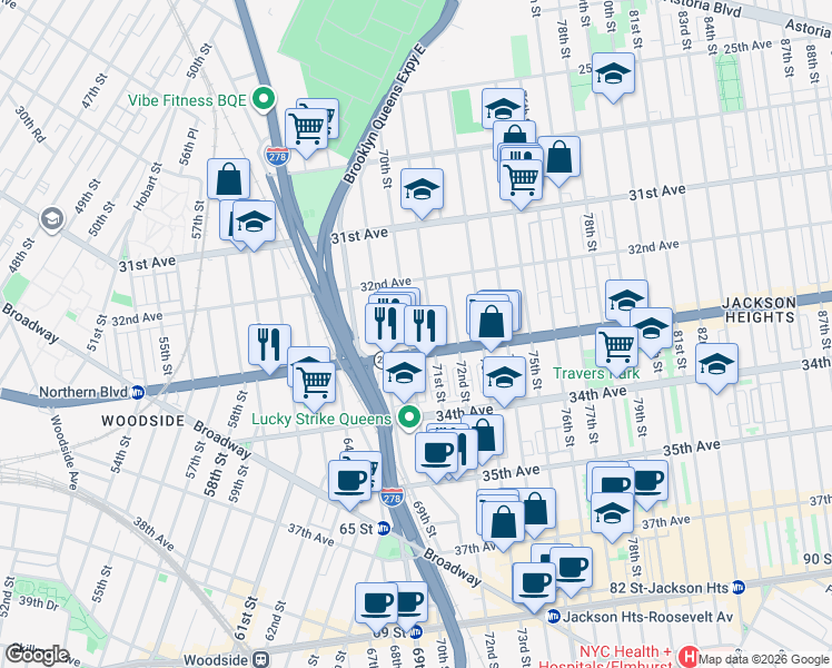 map of restaurants, bars, coffee shops, grocery stores, and more near 32-54 71st Street in Queens