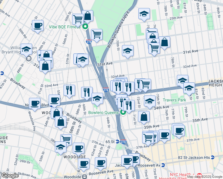 map of restaurants, bars, coffee shops, grocery stores, and more near 32-45 68th Street in Queens