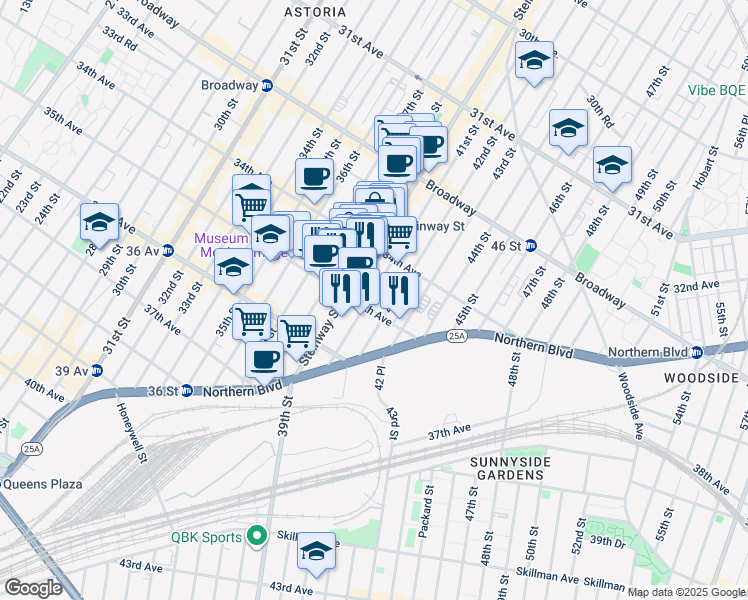 map of restaurants, bars, coffee shops, grocery stores, and more near 40-15 35th Avenue in Queens