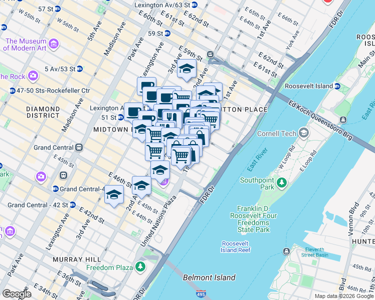 map of restaurants, bars, coffee shops, grocery stores, and more near 335 East 51st Street in New York