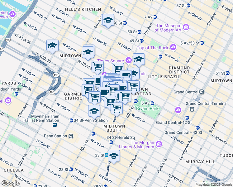 map of restaurants, bars, coffee shops, grocery stores, and more near 567 Fashion Avenue in New York