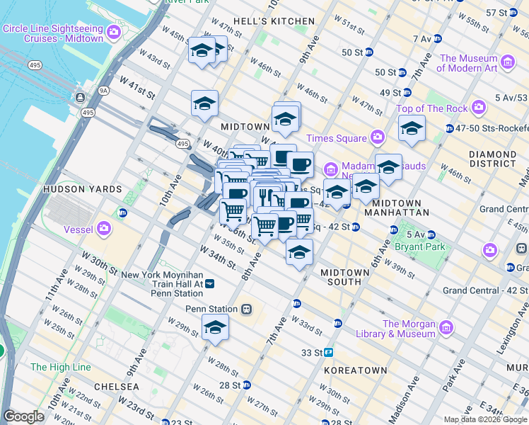 map of restaurants, bars, coffee shops, grocery stores, and more near 325 West 38th Street in New York