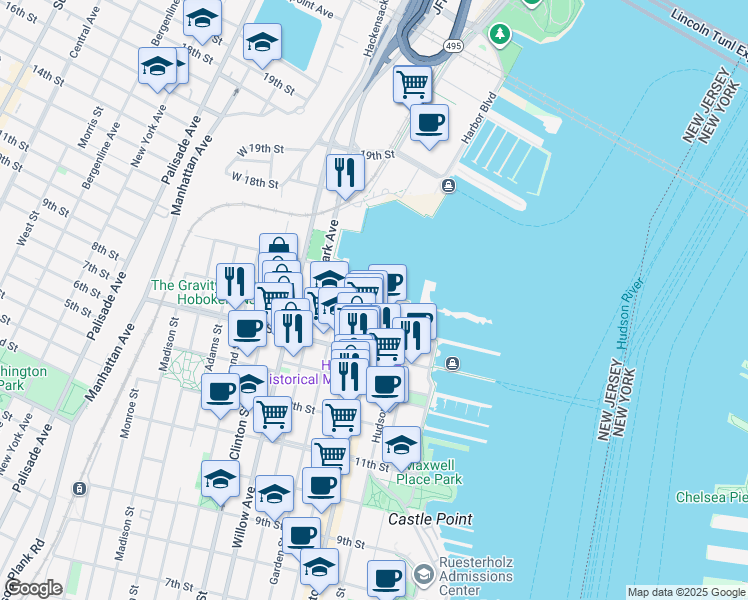 map of restaurants, bars, coffee shops, grocery stores, and more near 1500 Garden Street in Hoboken