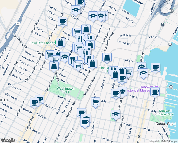 map of restaurants, bars, coffee shops, grocery stores, and more near 600 Palisade Avenue in Union City