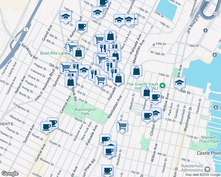 map of restaurants, bars, coffee shops, grocery stores, and more near 508 New York Avenue in Union City