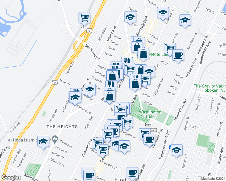 map of restaurants, bars, coffee shops, grocery stores, and more near 3664 John F. Kennedy Boulevard in Jersey City