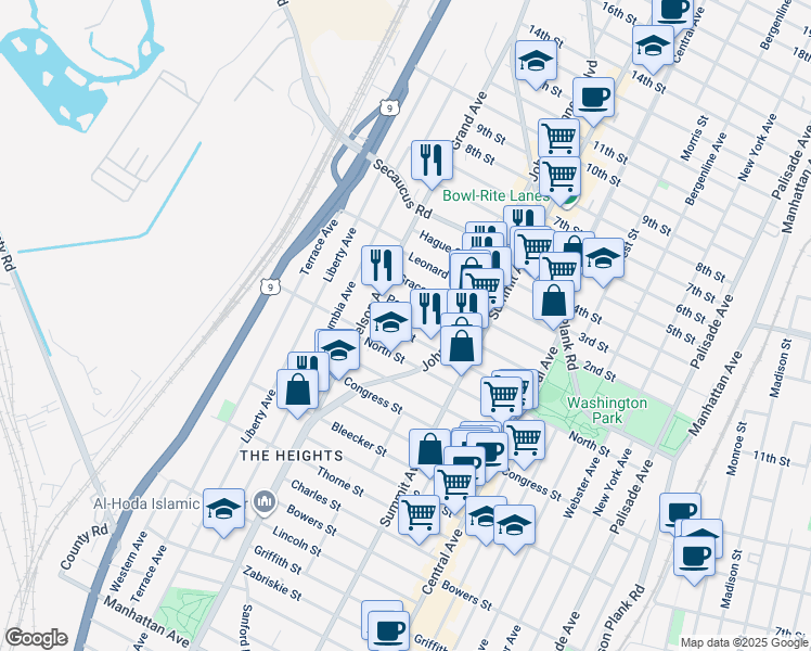 map of restaurants, bars, coffee shops, grocery stores, and more near 105 Poplar Street in Jersey City