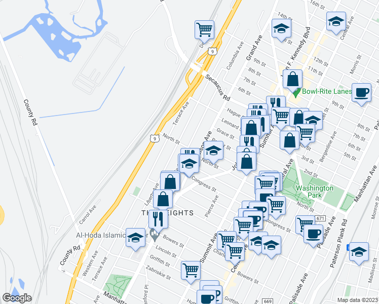 map of restaurants, bars, coffee shops, grocery stores, and more near 208 Columbia Avenue in Jersey City