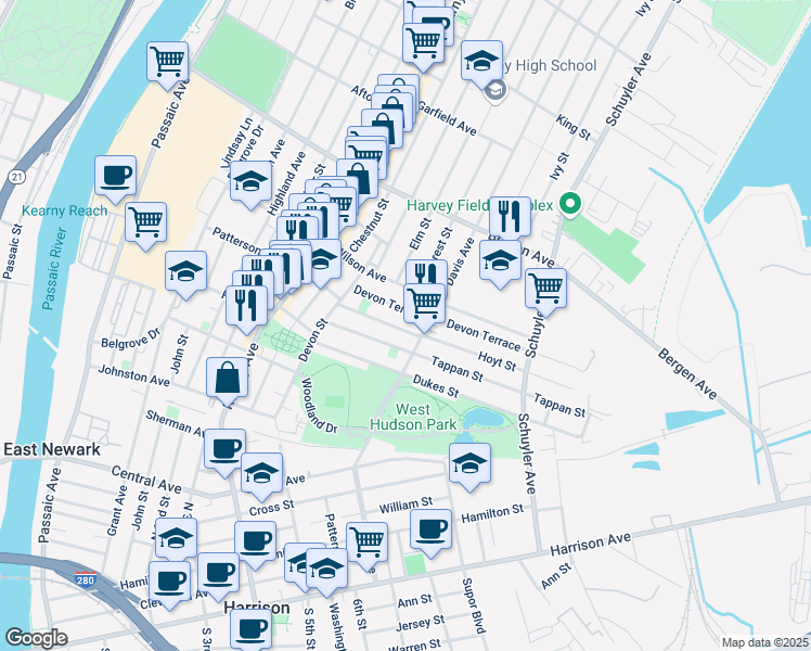 map of restaurants, bars, coffee shops, grocery stores, and more near 94 Hoyt Street in Kearny