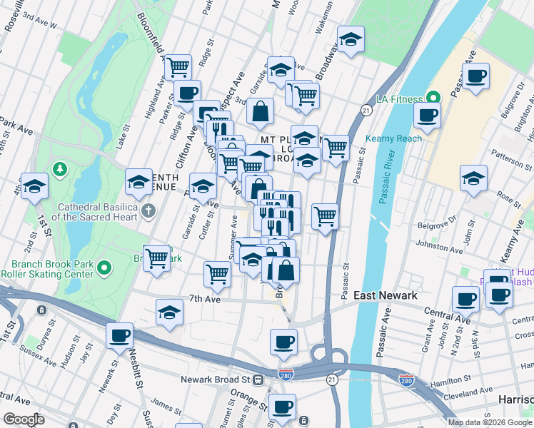 map of restaurants, bars, coffee shops, grocery stores, and more near 45 Bloomfield Avenue in Newark