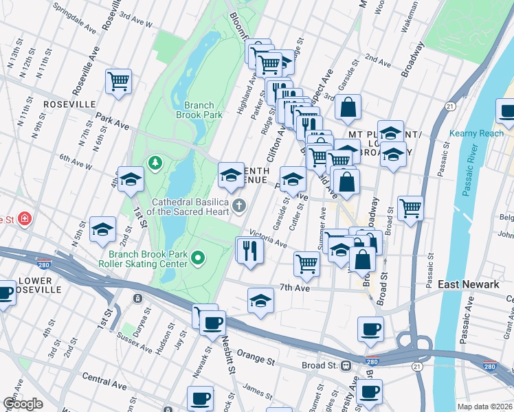 map of restaurants, bars, coffee shops, grocery stores, and more near 147 Clifton Avenue in Newark