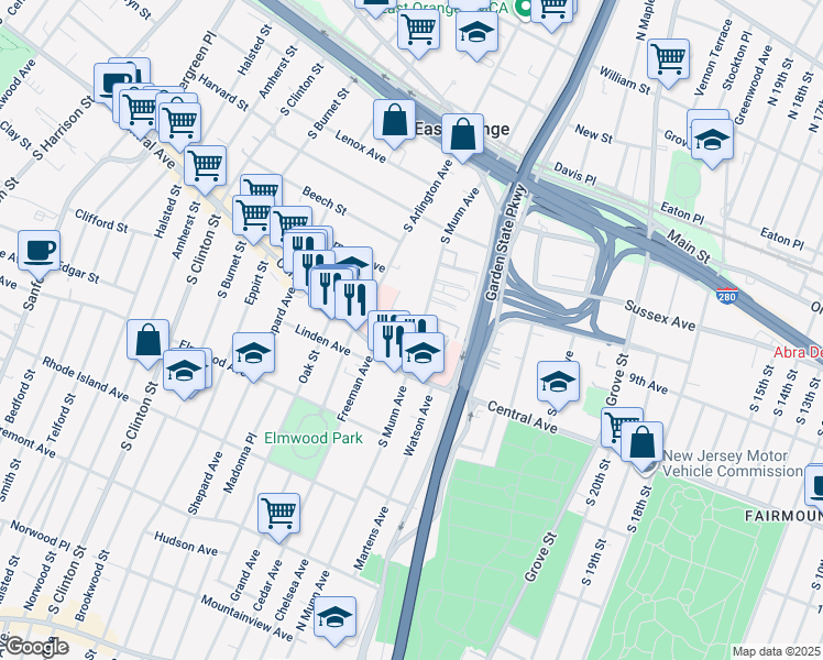map of restaurants, bars, coffee shops, grocery stores, and more near 77 South Munn Avenue in East Orange
