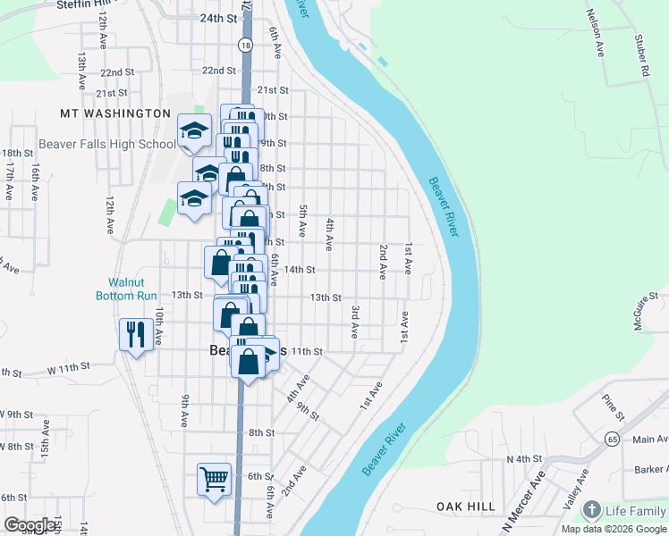 map of restaurants, bars, coffee shops, grocery stores, and more near 312 14th Street in Beaver Falls