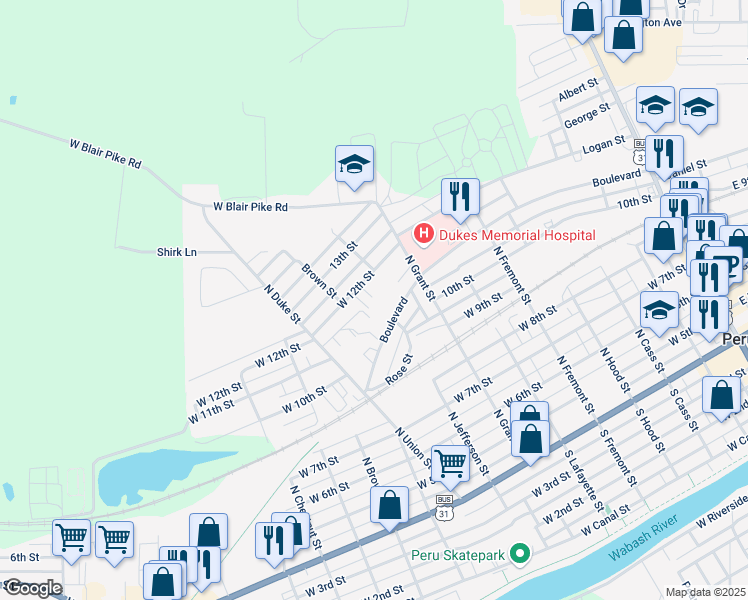 map of restaurants, bars, coffee shops, grocery stores, and more near 301-399 W 12th St in Peru