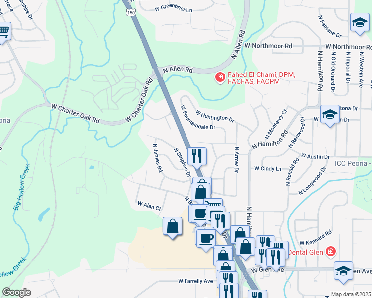 map of restaurants, bars, coffee shops, grocery stores, and more near 5504 North Stephen Drive in Peoria