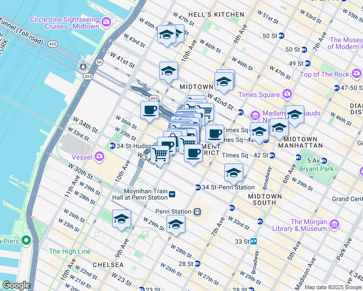 map of restaurants, bars, coffee shops, grocery stores, and more near 462 9th Avenue in New York