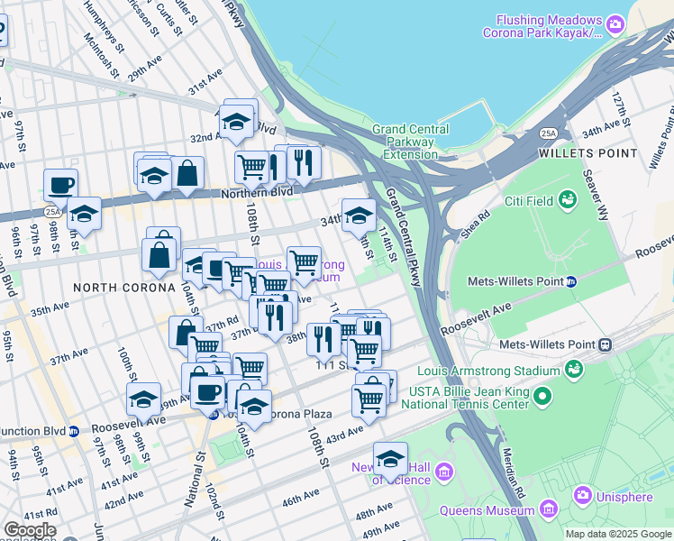 map of restaurants, bars, coffee shops, grocery stores, and more near 34-63 111th Street in Queens