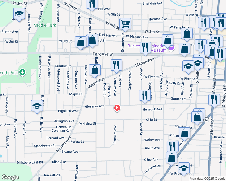 map of restaurants, bars, coffee shops, grocery stores, and more near 138 Vennum Avenue in Mansfield