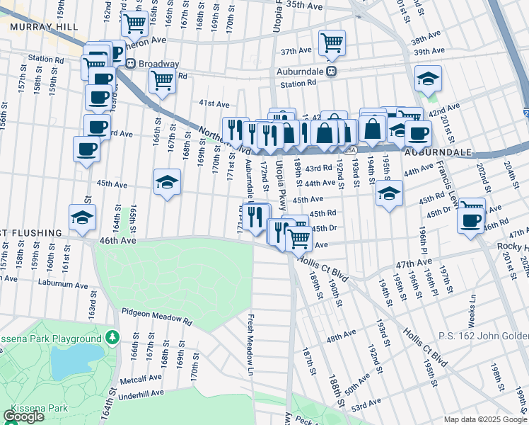 map of restaurants, bars, coffee shops, grocery stores, and more near 45-18 172nd Street in Queens