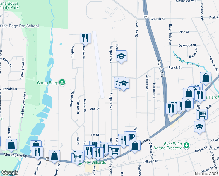 map of restaurants, bars, coffee shops, grocery stores, and more near 518 Bayport Avenue in Bayport