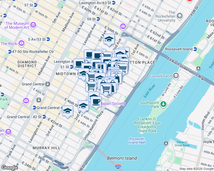 map of restaurants, bars, coffee shops, grocery stores, and more near 335 East 51st Street in New York