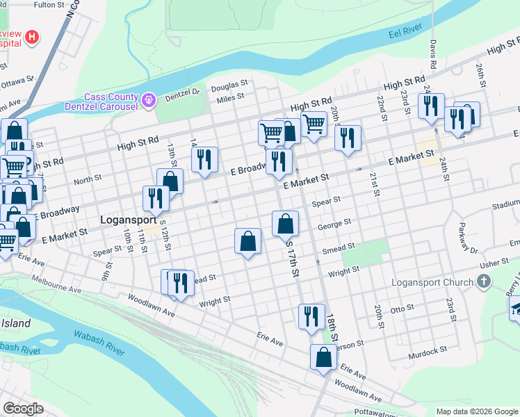 map of restaurants, bars, coffee shops, grocery stores, and more near 417 16th Street in Logansport