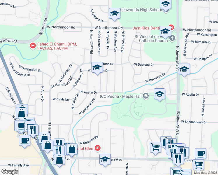 map of restaurants, bars, coffee shops, grocery stores, and more near 5514 North Montello Drive in Peoria