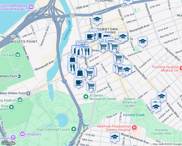 map of restaurants, bars, coffee shops, grocery stores, and more near in Queens