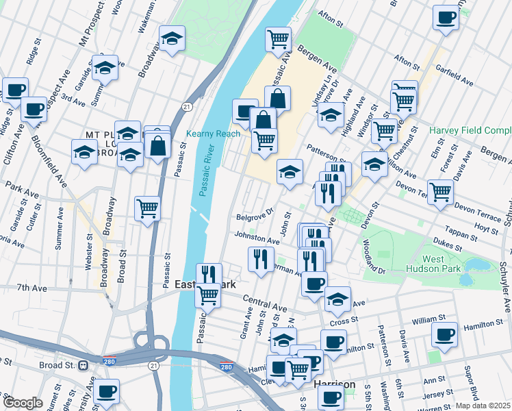 map of restaurants, bars, coffee shops, grocery stores, and more near 70 Passaic Avenue in Kearny