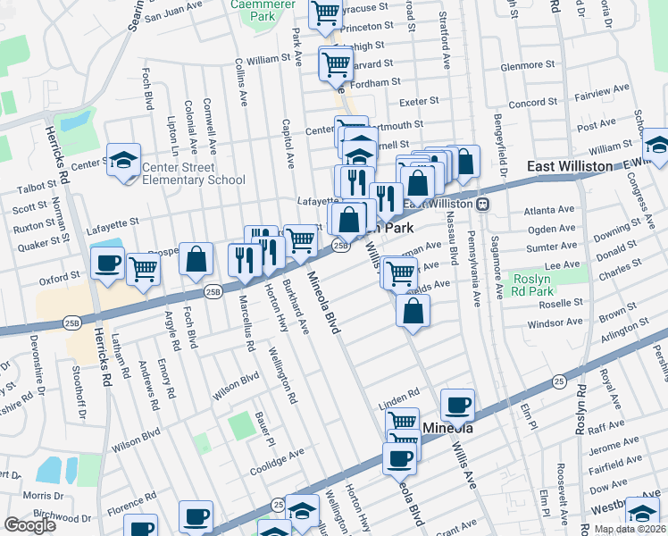 map of restaurants, bars, coffee shops, grocery stores, and more near 190 Primrose Road in Williston Park