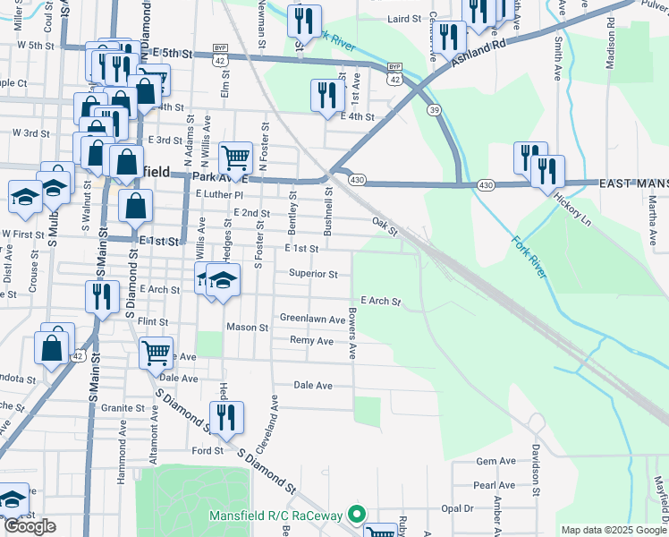 map of restaurants, bars, coffee shops, grocery stores, and more near 313 Superior Street in Mansfield