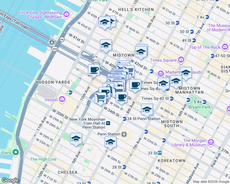 map of restaurants, bars, coffee shops, grocery stores, and more near 370 West 37th Street in New York
