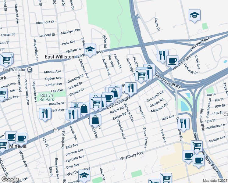 map of restaurants, bars, coffee shops, grocery stores, and more near 227 Brown Street in Mineola