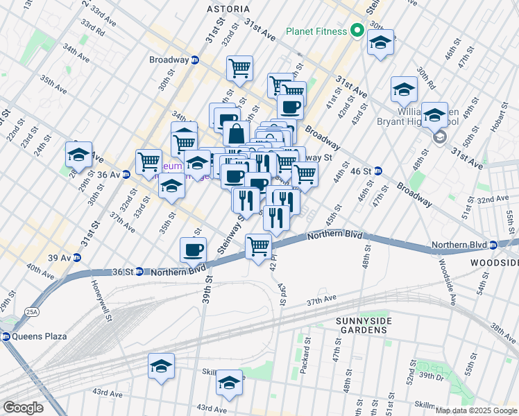 map of restaurants, bars, coffee shops, grocery stores, and more near 40-15 35th Avenue in Queens