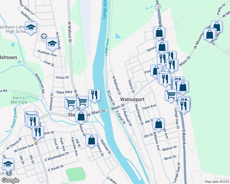 map of restaurants, bars, coffee shops, grocery stores, and more near 12 Baker Alley in Walnutport