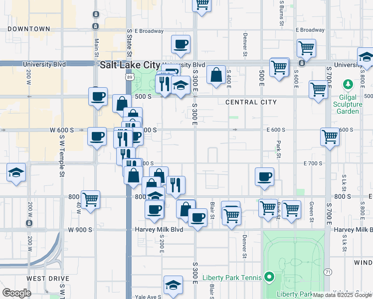 map of restaurants, bars, coffee shops, grocery stores, and more near 660 South 300 East in Salt Lake City