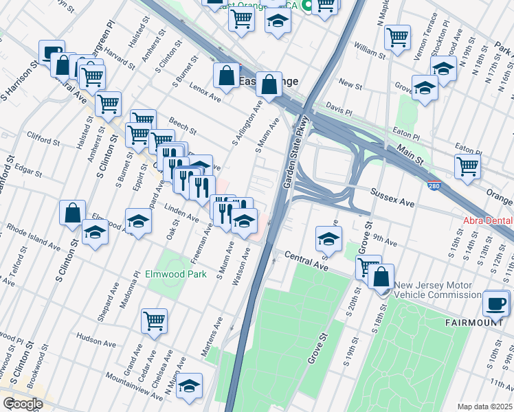 map of restaurants, bars, coffee shops, grocery stores, and more near 70 South Munn Avenue in East Orange