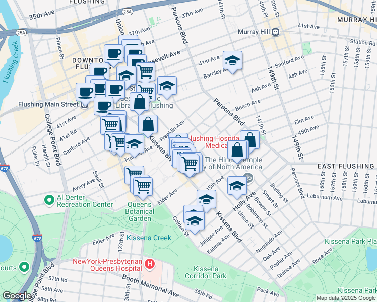 map of restaurants, bars, coffee shops, grocery stores, and more near 140-40 Beech Avenue in Queens